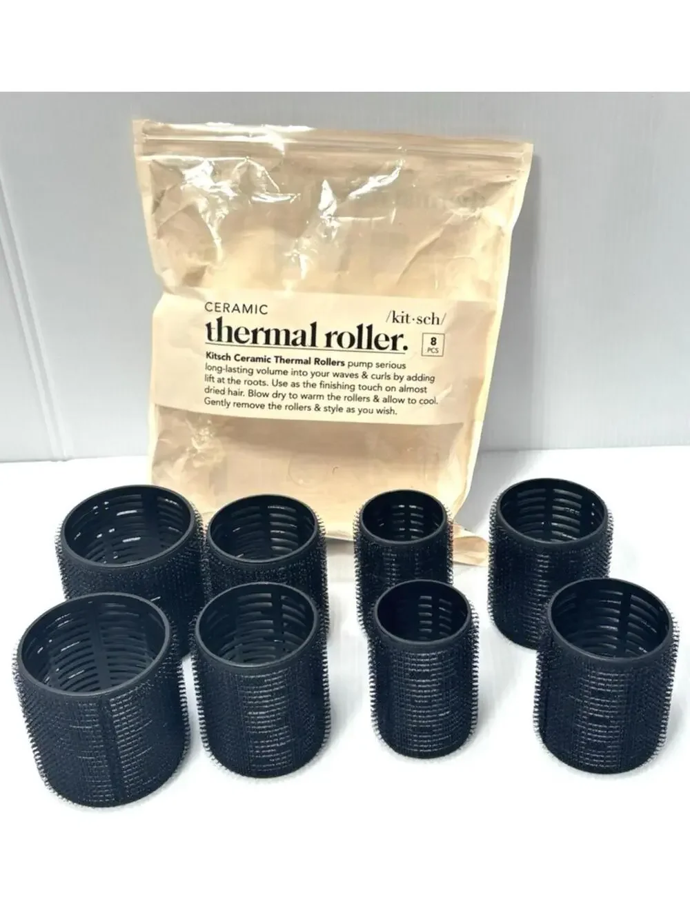 Kitsch Ceramic Thermal Rollers - Black - Set of 8 - New (*Open Bag)